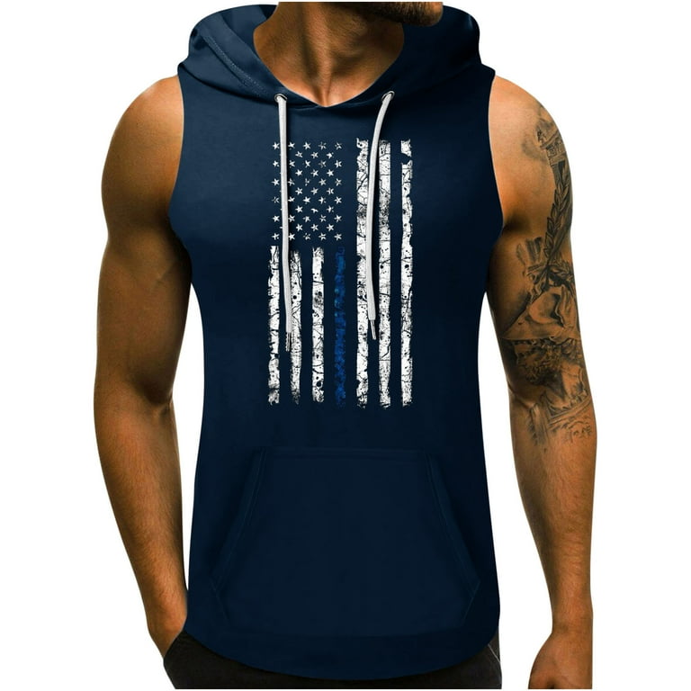 WoY2K 4Th Of July Tank Top Men Men s Independence Day Workout Hooded Tank Tops Sleeveless Gym Hoodies Bodybuilding Muscle Cut Off T Sleeveless Hooded Blouse Walmart