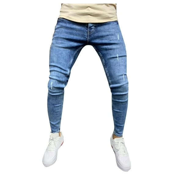 WoY2K Cargo Pants for Men Side Pocket Trousers with Zipper Placket Skinny Jeans Hole Vintage Wash Hip Hop Work Jeans Blue S