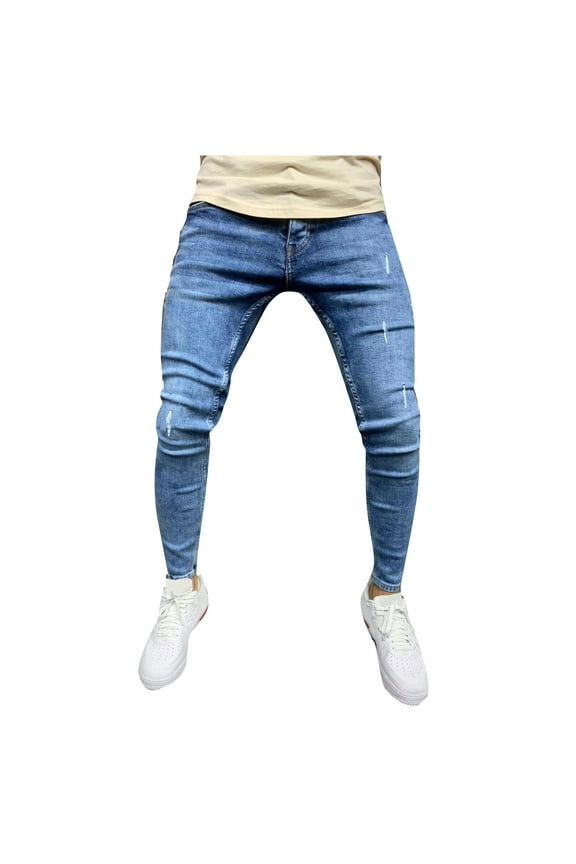 WoY2K Cargo Pants for Men Side Pocket Trousers with Zipper Placket Skinny Jeans Hole Vintage Wash Hip Hop Work Jeans Blue XXXL