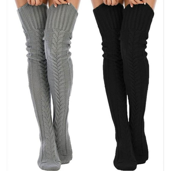 Woaeety 2 Pairs  Cable Knit Thigh High Socks for Women Over the Knee Boot Socks Extra Long Leg Warmer Winter Stockings Size 6-9,White And Gray