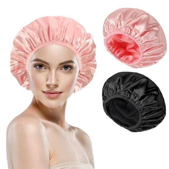 Woaeety 2 Pcs 3 Layer Shower Caps for Women, Reusable Waterproof Spa Bonnets for Long/Curly Hair, Triple Layer Bath Caps, Black/Pink, Large Dry Silk Satin Bonnets for Hair Treatment, Sleeping