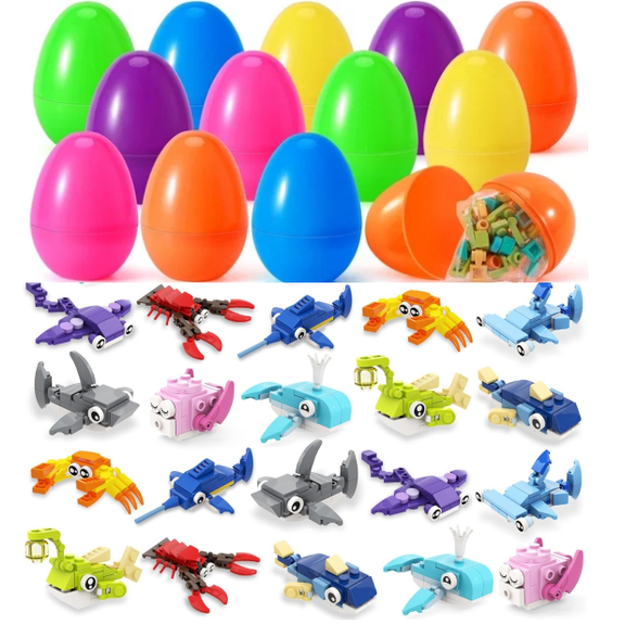 Woaeety 20pcs Prefilled with Easters Eggs Building Blocks, Marine Animals Building Gifts Toys for Kids Easters Basket Stuffers for Boy Girl School Classroom Prizes Hunt Supplies Party Favors