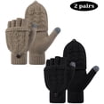 thumbnail image 1 of Woaeety 2Pcs  Winter Fingerless Gloves Mittens for Women Men Warm Wool Knitted Convertible Flip Top Mittens Cold WeatherBlack and Brown, 1 of 13