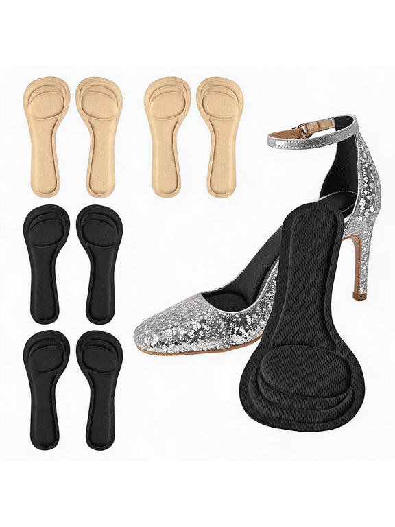 4 Pairs High Heel Inserts Women, 3/4 Length Women Thin Shoe Insoles for High Heels, Pumps, Open Toes, Flats, and Sandals, Cushion for Heel and Ball of The Foot, Shock Absorption(Black+Beige)