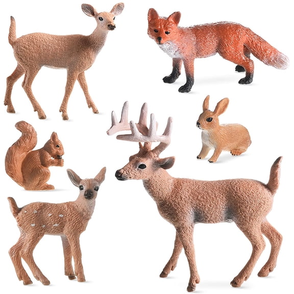 Woaeety 6Pcs Forest Animals Figures Toys, Miniature Woodland Figurines with Deer Family, Elk, Fox, Rabbit, Squirrel for Kids Christmas Easter Birthday Party Gift Cake Decorations Educational Project