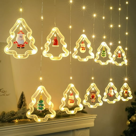 Woaeety Christmas Window Lights Lighted Xmas Window Decorations - Tree Shape Ring Light with Ornament Curtain Light Indoor - USB Novelty String Hanging Lights for Christmas Home Decor(Warm White)