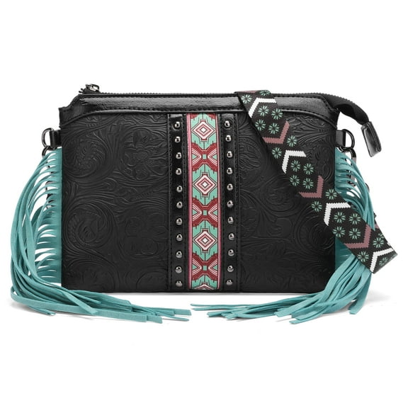 Woaeety Fashion Fringe Crossbody Bag with Rivets Western Women Purse Vegan Leather Shoulder Bag with Tassel (Black)