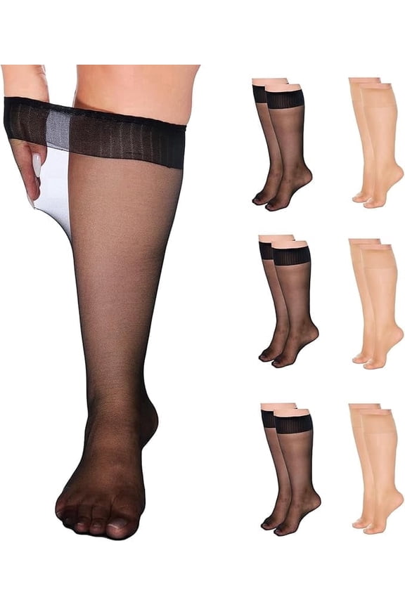 Plus Size Sheer Knee High Socks Nylon Super Wide Trouser Stockings 6 Pairs(Black+Natural)