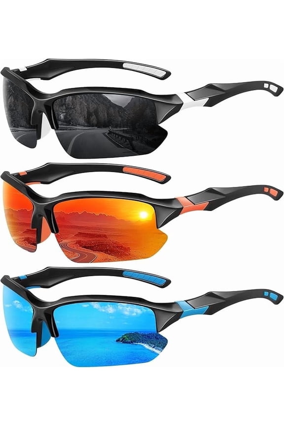 Polarized Sports Sunglasses for Men - UV Protection Half Frame Sun Glasses for Running Fishing-3Pairs