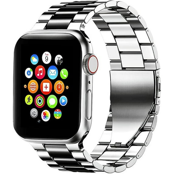 Woaeety Stainless Steel Metal Band for Apple Watch 45/44/42/41/40/38mm, Apple Watch Band Bracelet for Apple Watch Series 7 Apple Watch Series 6 Apple Watch Series 5/4/3/2/1(Silver/Black-38/40/41mm)