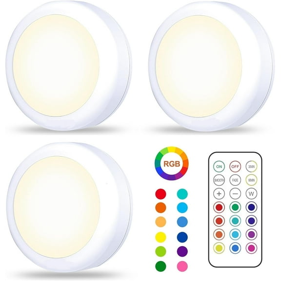 Woaeety Wireless Under Cabinet Lights With Remote 3 Pack - 16 LED Color Changing Touch Control, Battery Operated, Kitchen Under Counter Push Lights With Adjustable Brightness [Energy Class A]