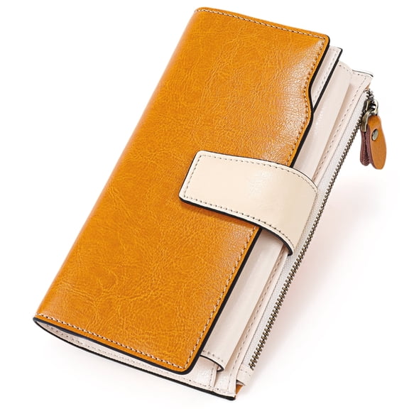 Woaeety Women Leather Wallets RFID Blocking Clutch Card Holder Ladies Purse with Zipper Pocket-Ancient yellow with white