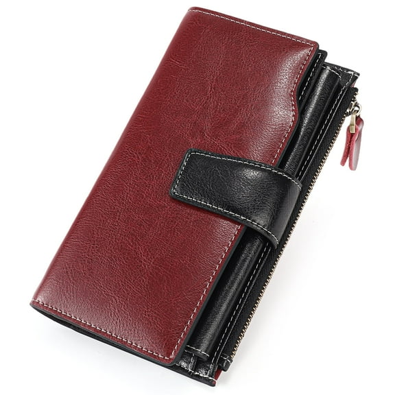 Woaeety Women Leather Wallets RFID Blocking Clutch Card Holder Ladies Purse with Zipper Pocket-Wine red with black