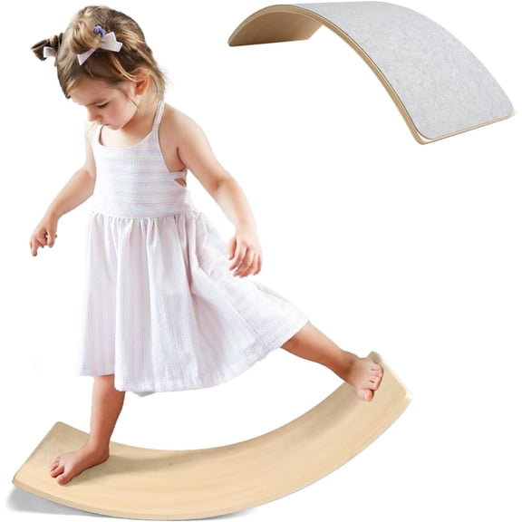 Wobble Balance Board, Wooden Montessori Toy Rocker Board Natural Wood Kids Toddler Open Ended Learning Toy Yoga Curvy Board for Adult Office Classroom Christmas Gifts