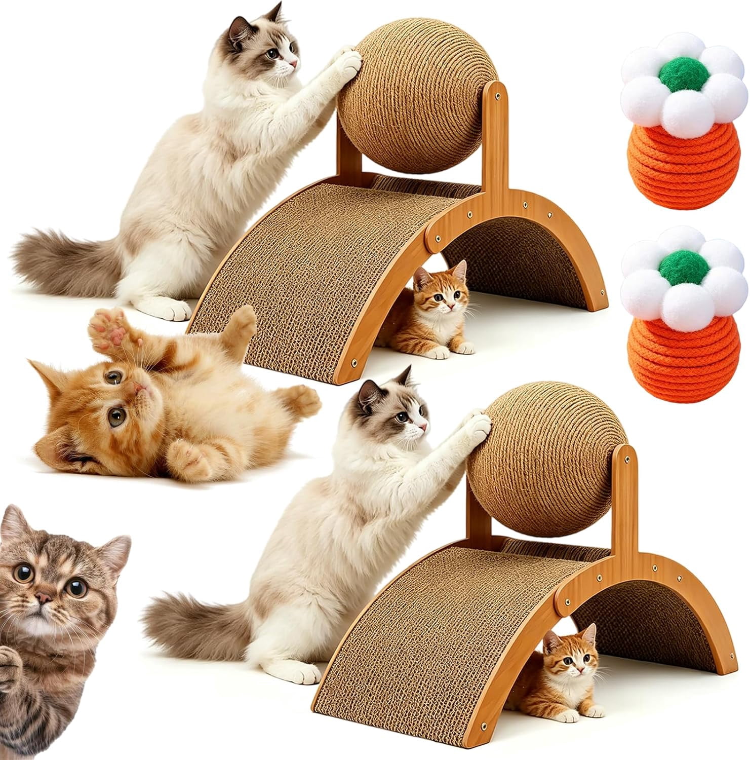 Wobble Ball Cat Scratcher, 2-in-1 Cat Scratching Ball on Stand with 360° Rotating Sisal Ball & Arch Bridge, Anti-Tip Interactive Cat Scratcher Toy for Indoor Kittens, Protects Furniture & Rugs (S*2)