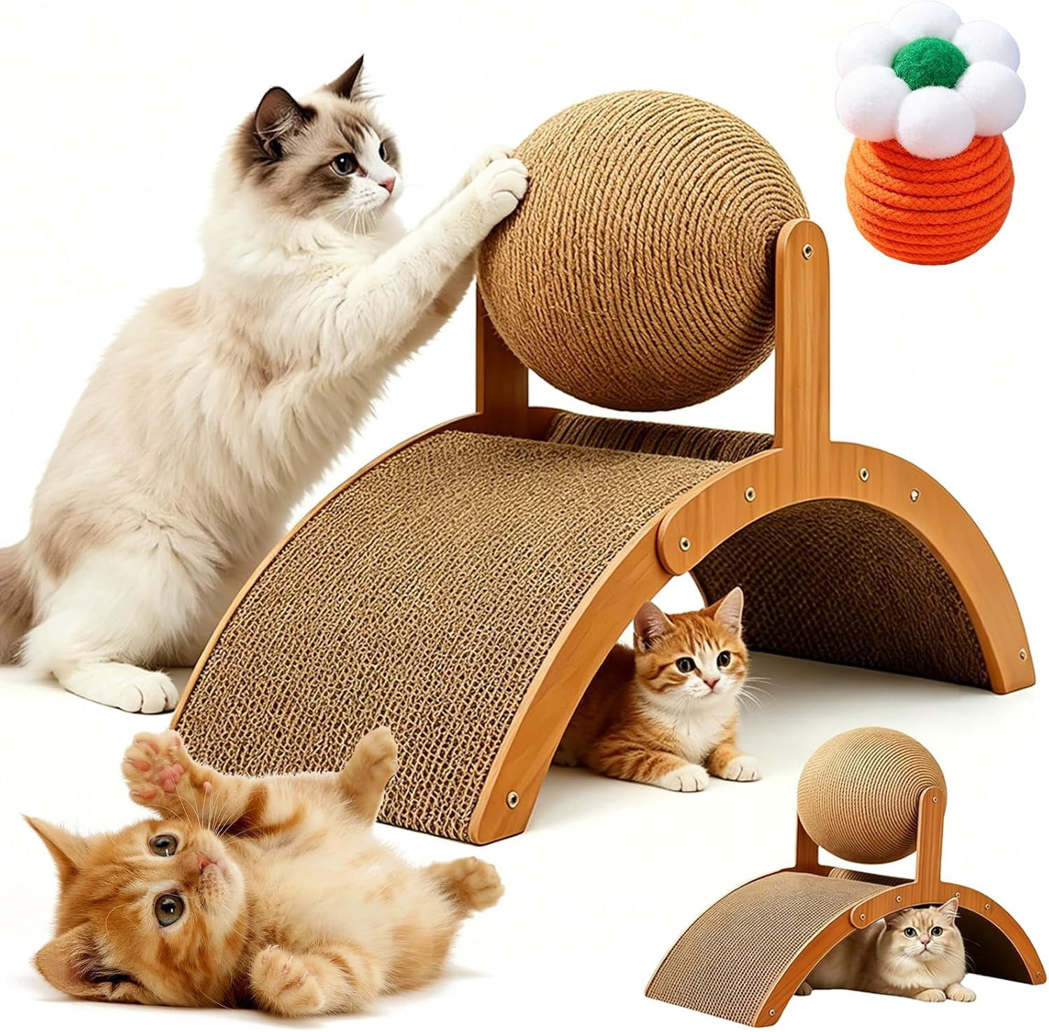 Wobble Ball Cat Scratcher, 2-in-1 Cat Scratching Ball on Stand with 360° Rotating Sisal Ball & Arch Bridge, Anti-Tip Interactive Cat Scratcher Toy for Indoor Kittens, Protects Furniture & Rugs (S)