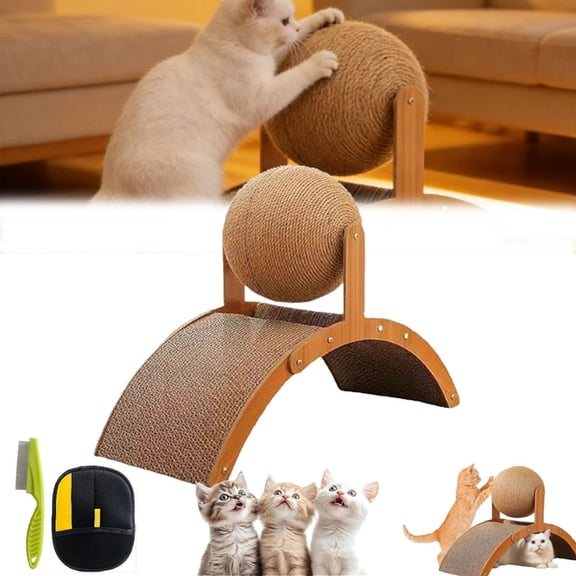 Wobble Ball Cat Scratcher, Cat Scratching Ball on Stand, 2 in 1 Wood Interactive Cat Arch Scratching Ball on Stand, with Arch Bridge and 360° Rotating Sisal Ball for Indoor Cats Kittens