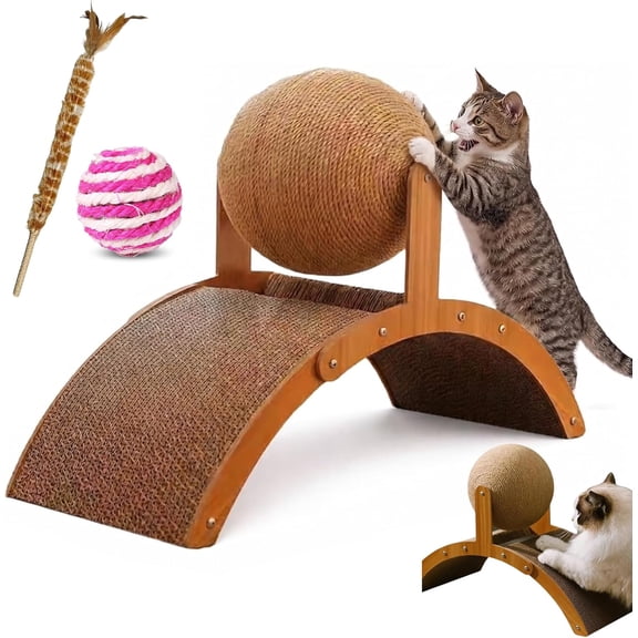 Wobble Ball Cat Scratcher, Cat Scratching Ball on Stand, 2-in-1 Interactive Cat Scratcher with 360° Rotating Sisal Ball & Arch Bridge, Solid Wood for Indoor Cat Kittens - Protects Furniture & Rugs