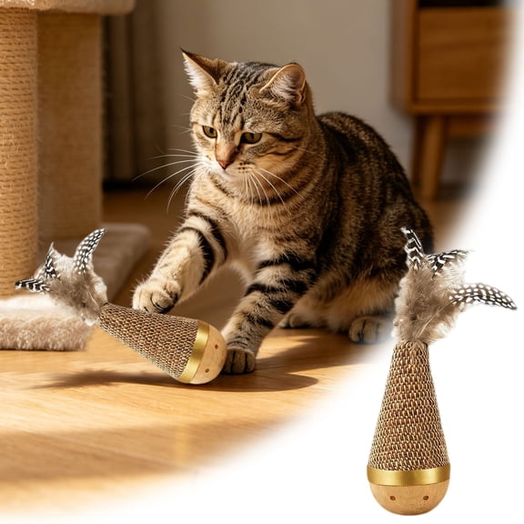 Wobble Cat Toy, Wooden Sisal Wrapping Tumbler Interactive Cat Toy for Indoor Cats, Self-Righting Chaser Interactive Play Toys for Kittens (Khaki)