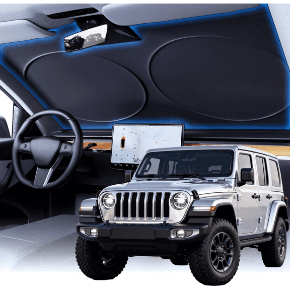 Woboaiuek Windshield Sun Shade with Storage Pouch, Thickened Titanium Silver Coating Overlapping Car Window Shades, Blocks 99% Rays & Keeps Interior Cool, Rear View Mirror Compatible