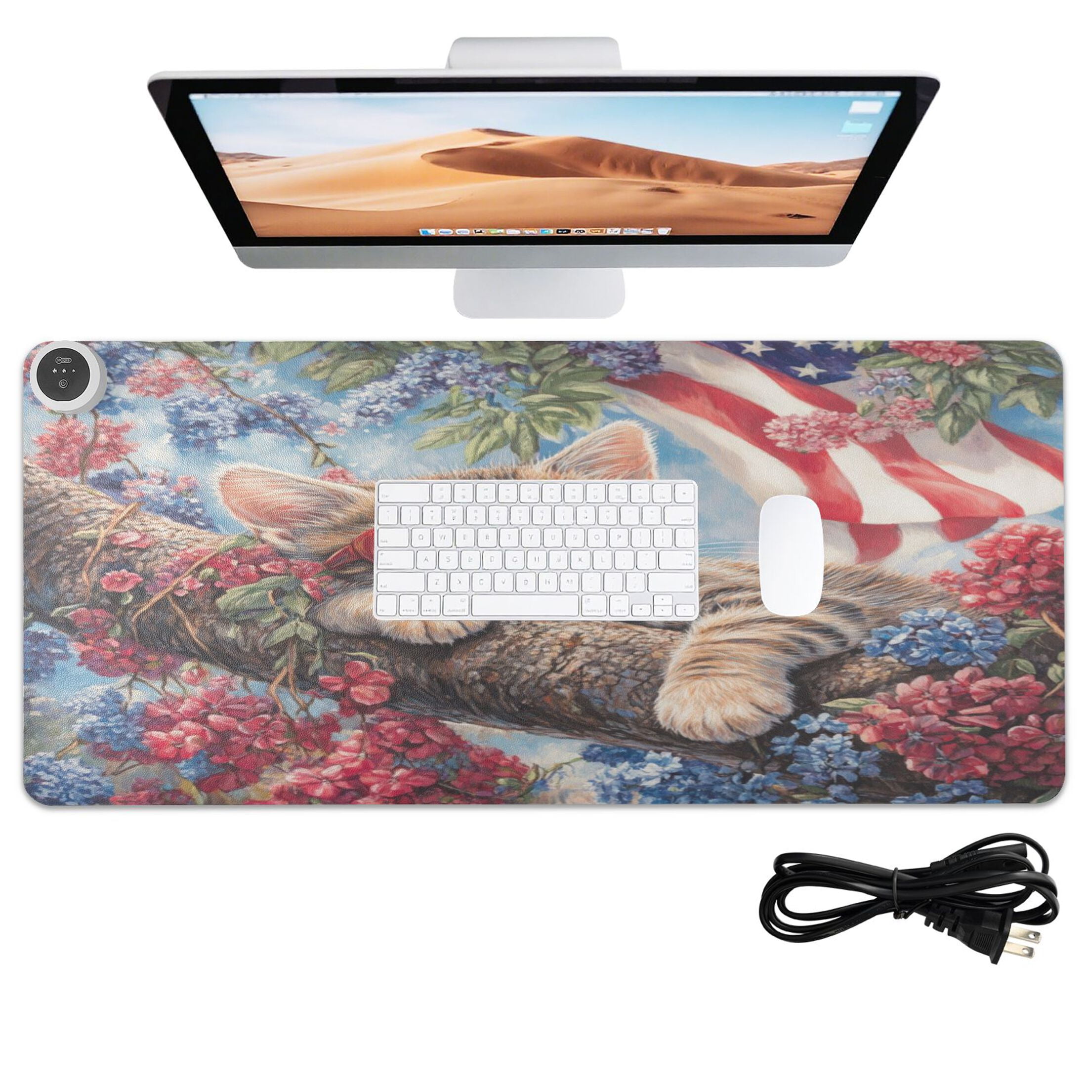 Wobogo 4th Of July Cat Heated Mouse Pad Extra-Large Desk Mat With 3 Heating Levels and 3-hour Auto Shut-Off Protection Ideal for Computer Keyboards Home Office Hand-warming Essential 31.5in × 13in