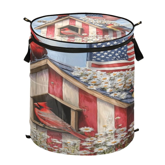 Wobogo 4th Of July Cardinal Bird Foldable Laundry Baskets with Carry Handle Zipper Closure Travel Bathroom College Dorm Essentials