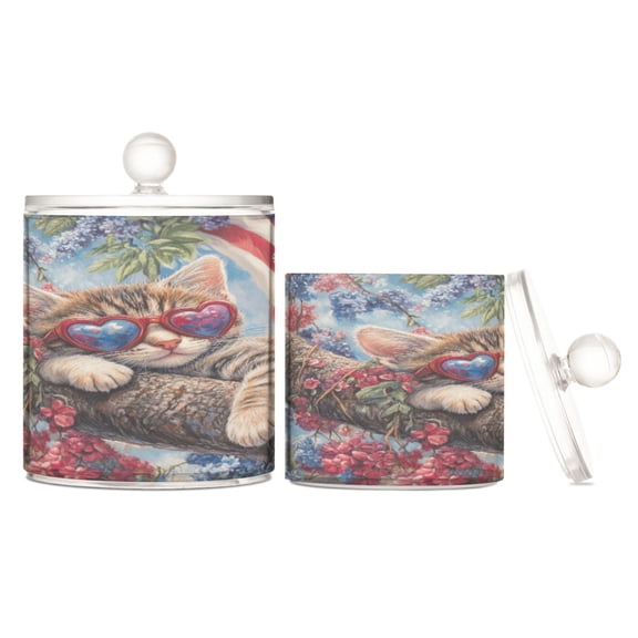 Wobogo 4th Of July Cat Clear Plastic Jar Large and Medium Combo Set Cotton Swabs Balls Dental Floss Sticks Cosmetic Storage Can