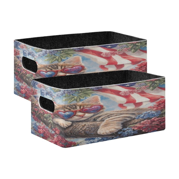 Wobogo 4th Of July Cat Decorative Folding Storage Basket Felt Organizer Bin for Toys, Clothes, Desk