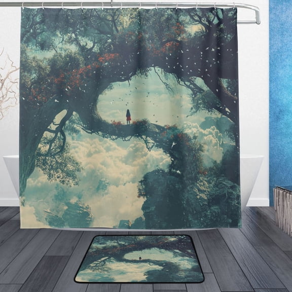 Wobogo A Giant Tree in The Sky Bathroom Shower Curtain Set with Floor Mat and Hooks Ultra Waterproof Visible Slider Beads