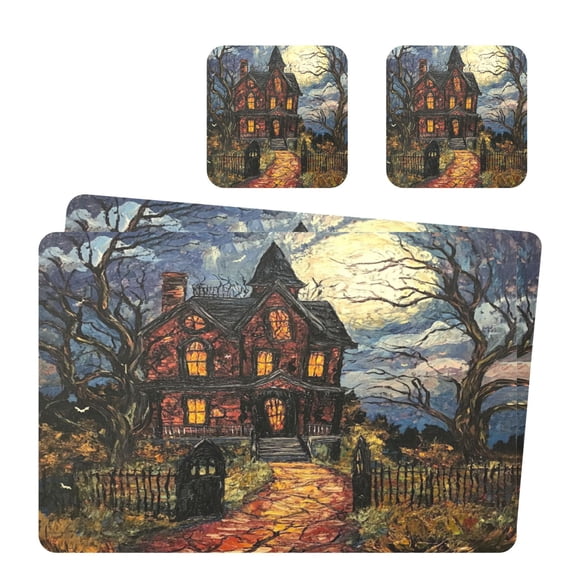Wobogo A Haunted House Placemats Coasters Set of 2 Heat-resistant Non-slip Easy to Clean Square Dinner Plate Mat