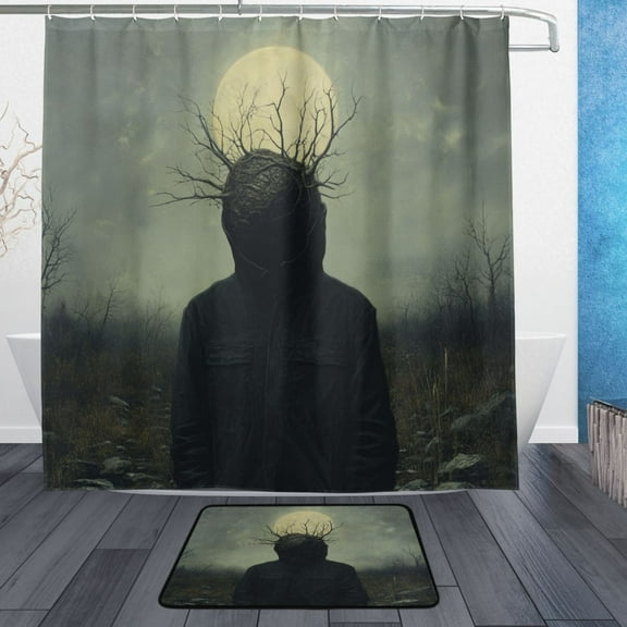 Wobogo A Head Full Of Branches Bathroom Shower Curtain Set with Floor Mat and Hooks Ultra Waterproof Visible Slider Beads