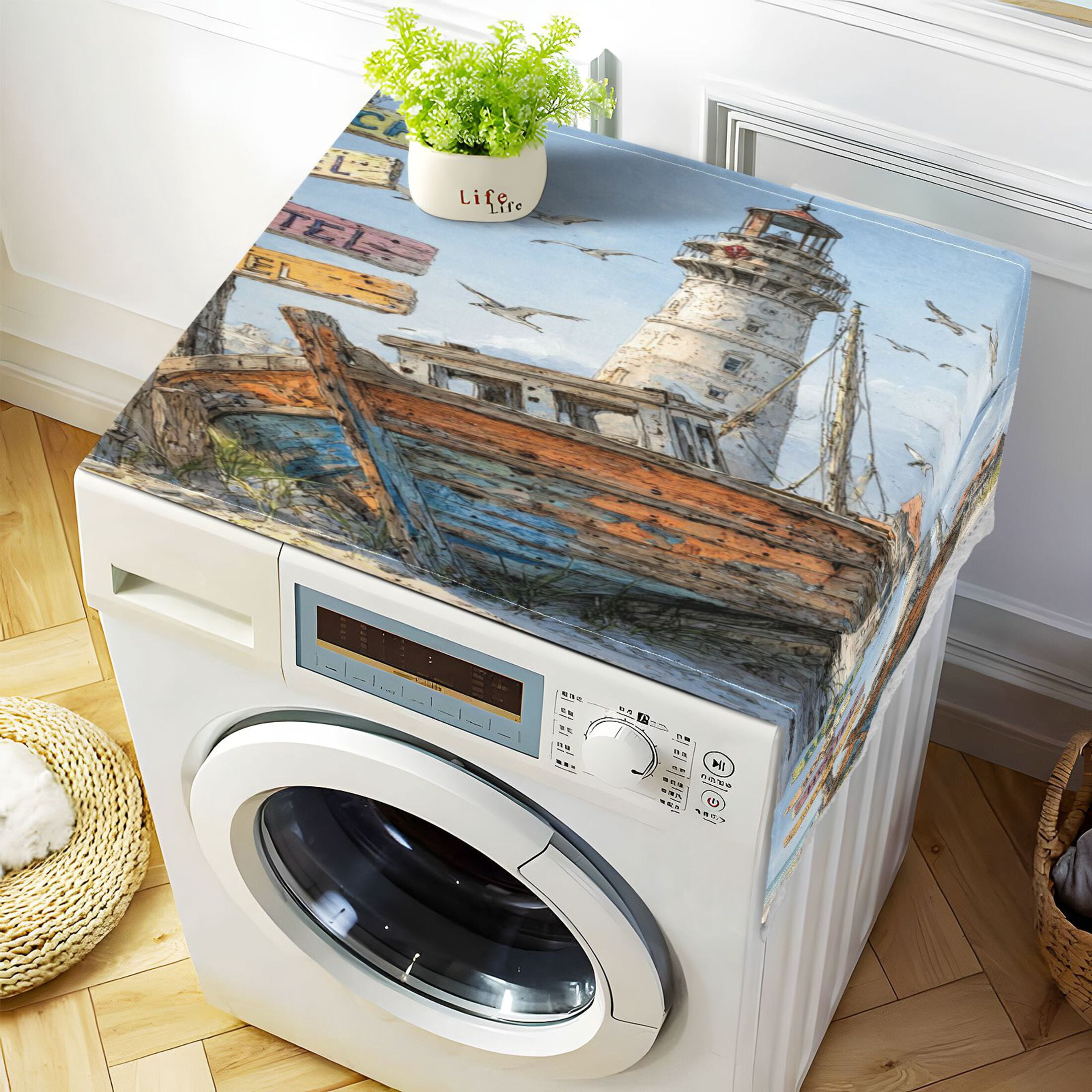 Wobogo Abandoned Vintage Boat Washing Machine Cover Dustproof Washer Dryer Cover Waterproof Laundry Room Decorative Protector
