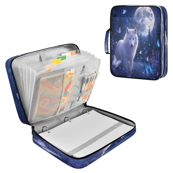 Wobogo Accordion File Folder with Zipper Expanding File Organizer 7 Pockets A4 Binder Case Nylon,Moonlight White Wolf