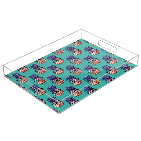 Wobogo Acrylic Serving Trays 15.7x11.8 Inch Spill Proof Clear Decorative Organizer with Handle,Cool Sunglass Pineapple Print