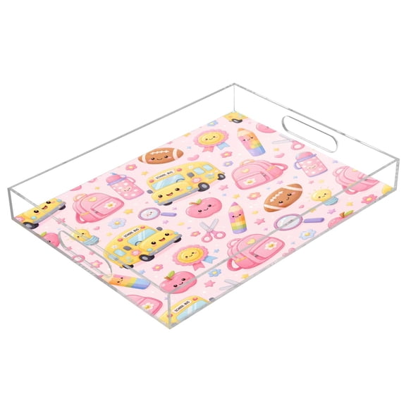 Wobogo Acrylic Serving Trays 15.7x11.8 Inch Spill Proof Clear Decorative Organizer with Handle,Kawaii Bus Design Print