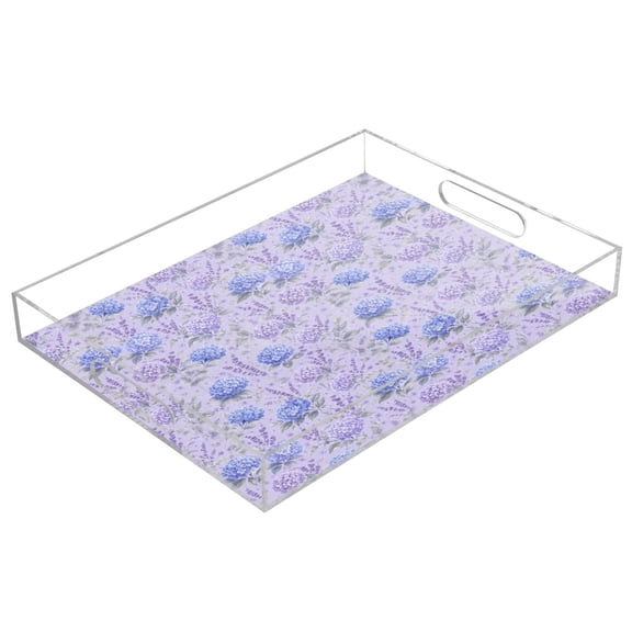 Wobogo Acrylic Serving Trays 15.7x11.8 Inch Spill Proof Clear Decorative Organizer with Handle,Lavender Hydrangea Print