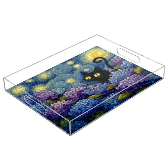 Wobogo Acrylic Serving Trays 15.7x11.8 Inch Spill Proof Clear Decorative Organizer with Handle,Starry Hydrangea Cat Print