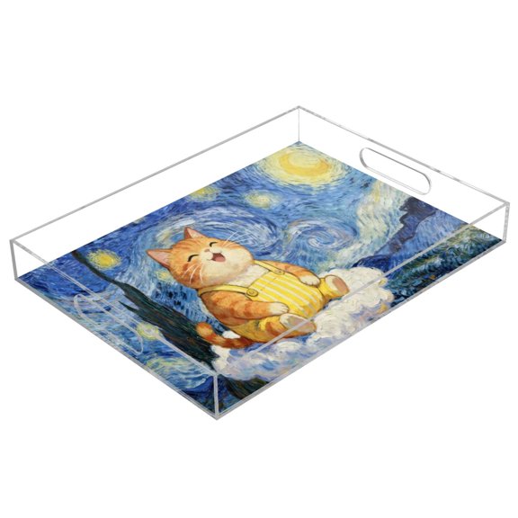 Wobogo Acrylic Serving Trays 15.7x11.8 Inch Spill Proof Clear Decorative Organizer with Handle,Starry Sky Plump Cat Print