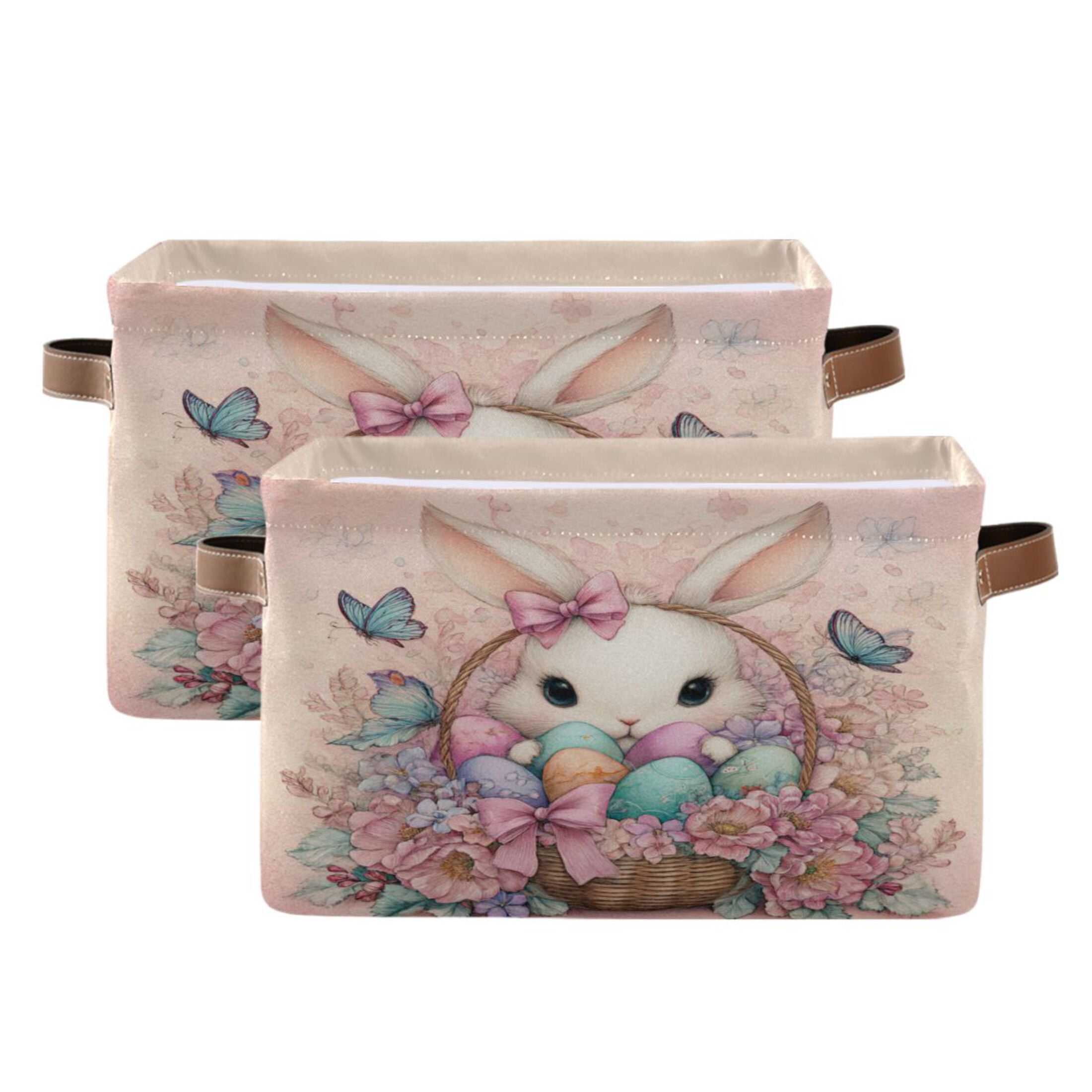 Wobogo Adorable Easter Bunny Square Storage Basket Set of 2 with Waterproof Canvas and PE Lining Durable PU Leather Handles 14.2×10.2×8.3in