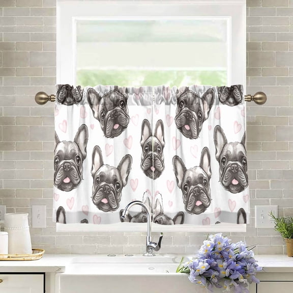 Wobogo Adorable French Bulldog Faces Pattern Kitchen Curtains 2 Piece Set Farmhouse Country Style Light Filtering Small Window Drapes Suitable for Bathroom Laundry Room and RV 27x24in