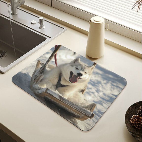 Wobogo Alaskan Dog on Sledge Dish Drying Mats Diatomaceous Earth Super Absorbent Non-slip Rubber Sole 15.7×11.8in