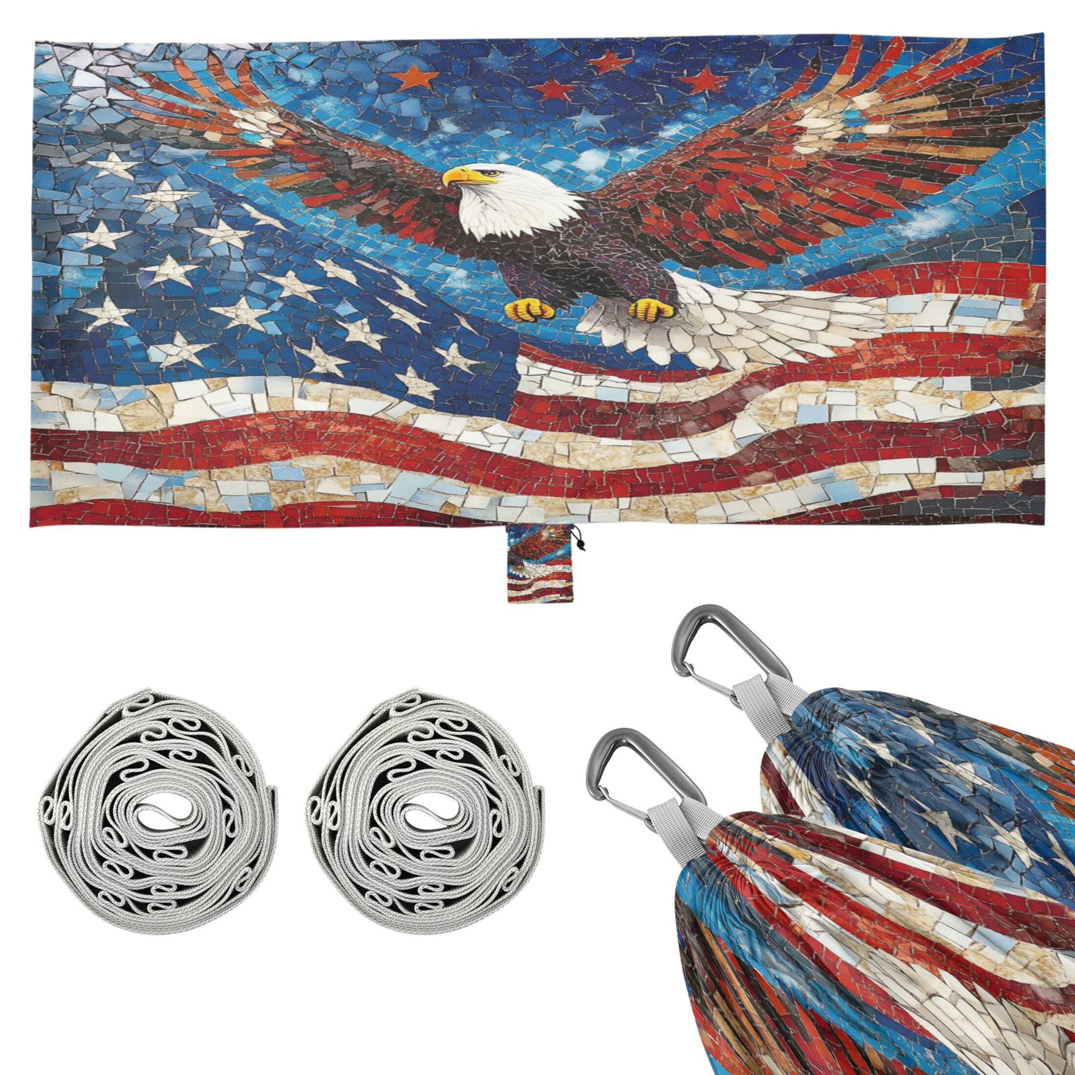 Wobogo American Flag Bald Eagle Camping Hammocks 330 lb Capacity with Tree Straps and Hanging Pockets for Outside Hiking Beach Backpack Travel