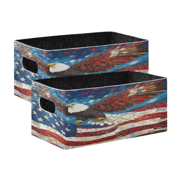 Wobogo American Flag Bald Eagle Decorative Folding Storage Basket Set of 2 for Desktop Bedroom Living Room Dressing Table