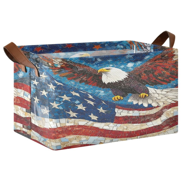 Wobogo American Flag Bald Eagle Storage Basket 16.9×11.4×10in Collapsible Oversized with Metal Iron Frame