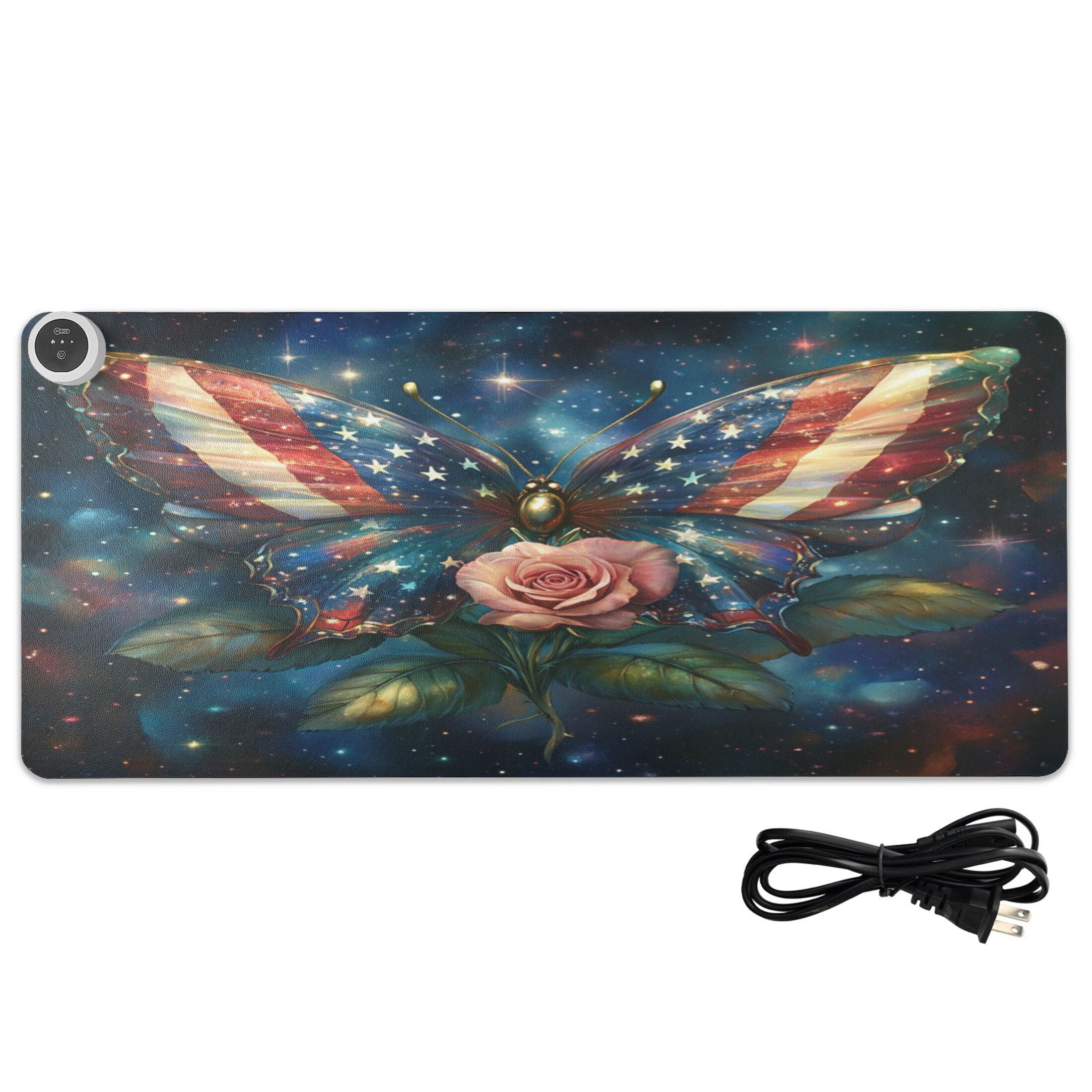 Wobogo American Flag Butterfly Heated Mouse Pad Extra-Large Desk Mat With 3 Heating Levels and 3-hour Auto Shut-Off Protection Ideal for Computer Keyboards Home Office Hand-warming Essential 31.5in ×