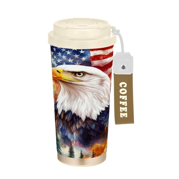 Wobogo American Flag Eagle Tree Double Drinking Coffee Cup Insulated Mug with Food-grade 316 Stainless Steel Beige Lid
