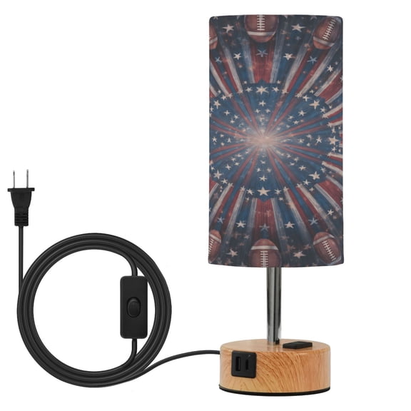 Wobogo American Flag Style Football Bedside Lamp Touch Control Table Lamp with USB A+C Charging Ports & AC Outlet 3-Way Dimmable Nightstand Lamp with Linen Fabric Shade for Bedroom Living Room