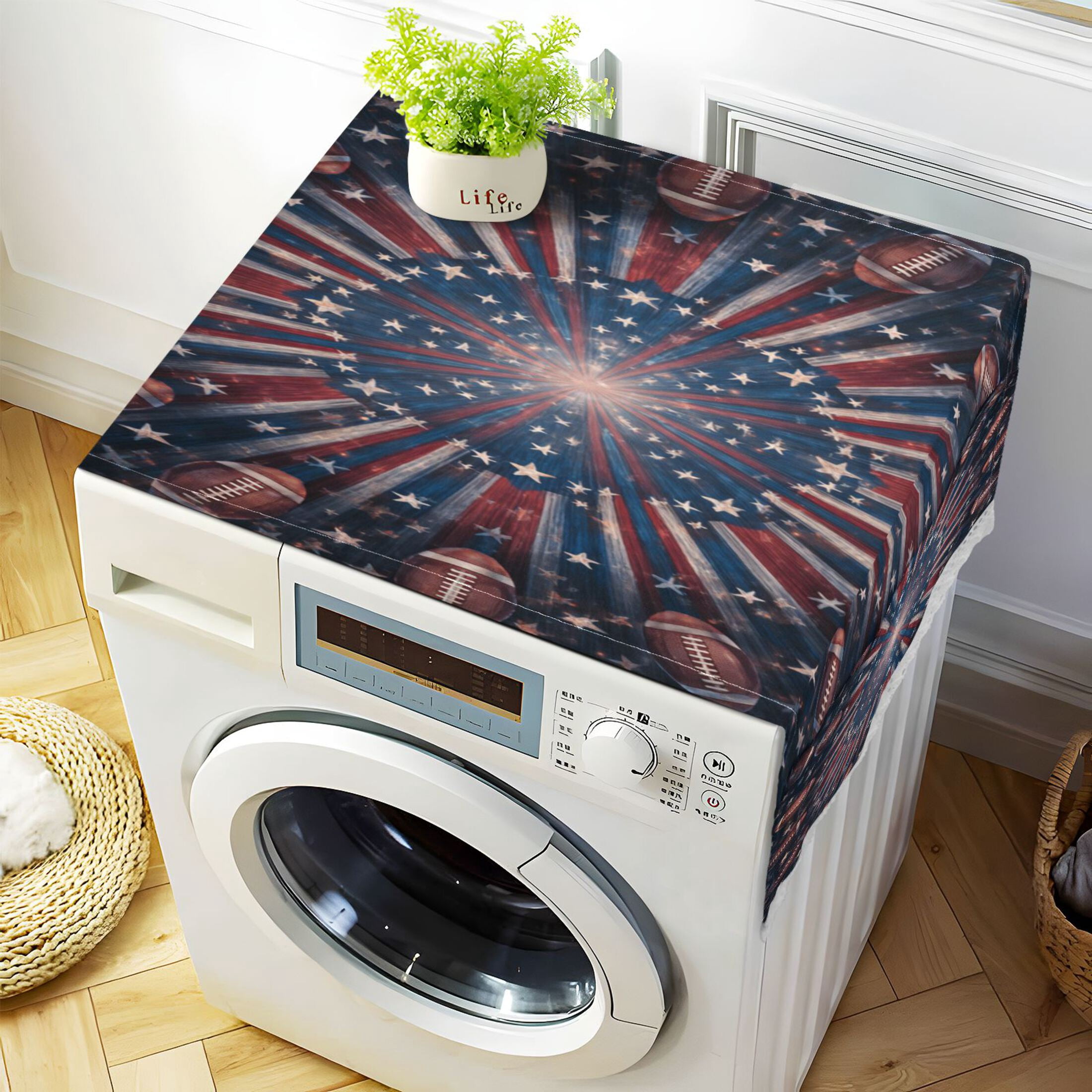 Wobogo American Flag Style Football Washing Machine Cover Dustproof Washer Dryer Cover Waterproof Laundry Room Decorative Protector