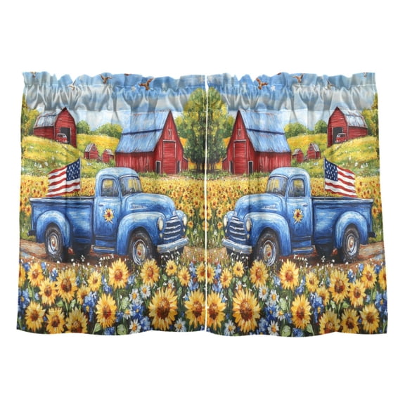 Wobogo American Flag Truck Kitchen Curtains 2 Piece Set Farmhouse Country Style Light Filtering Small Window Drapes Suitable for Bathroom Laundry Room and RV 27x36in
