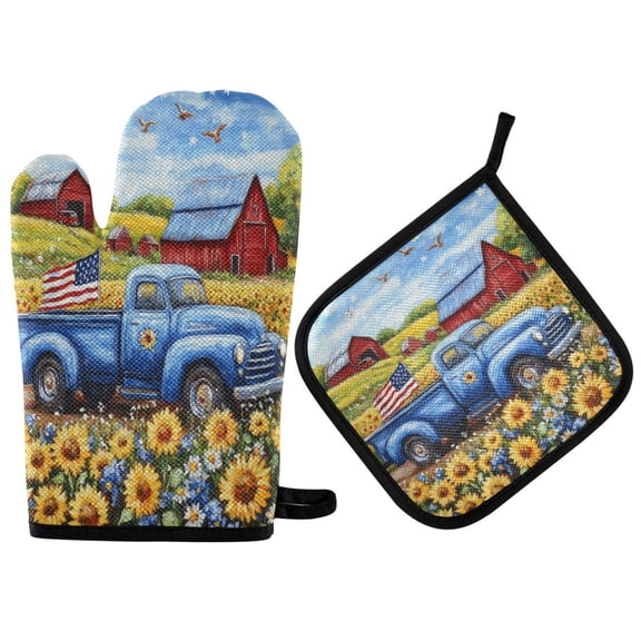 Wobogo American Flag Truck Oven Mitts and Pot Holders 2pcs Set Kitchen Oven Glove High Heat Resistant 200 Degree Surface for Cooking
